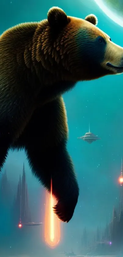 Majestic bear in a cosmic landscape with teal sky and futuristic cityscape.