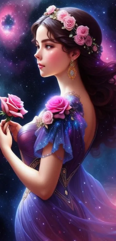 Woman with floral headdress in galaxy wallpaper.