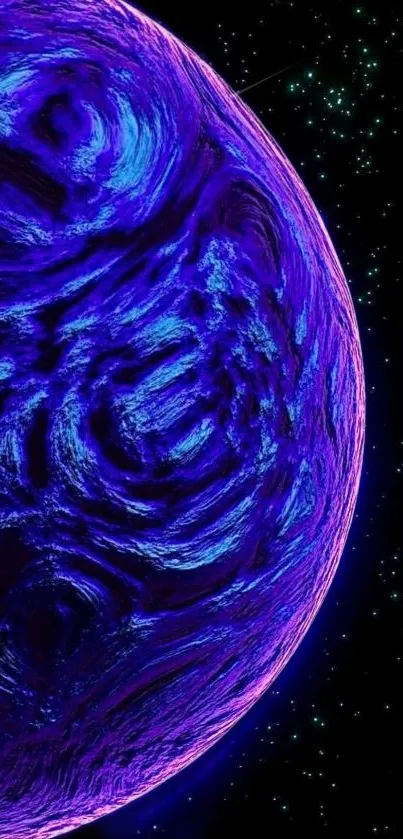 Vibrant blue and purple planet in space with starry background.