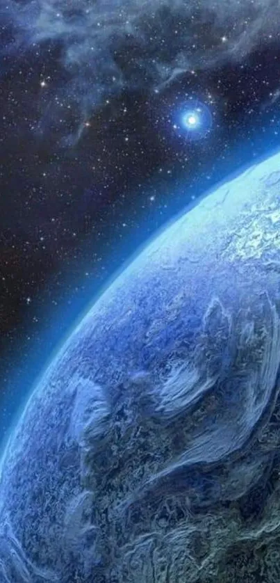 A breathtaking space wallpaper showing a blue planet with stars.