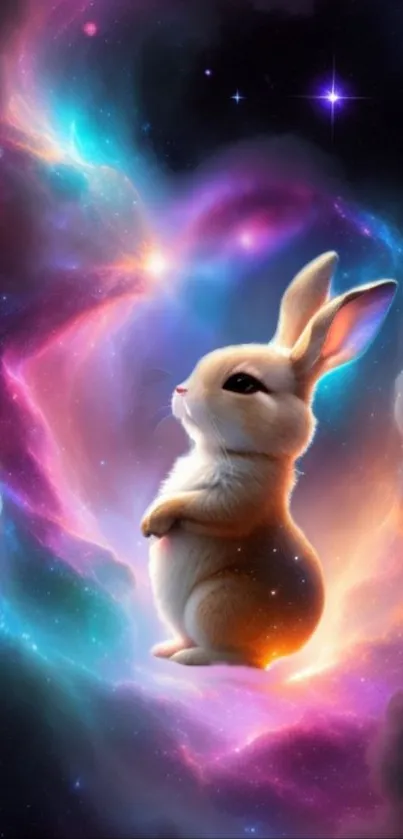 Enchanting bunny in a colorful galactic scene with nebulae and stars.