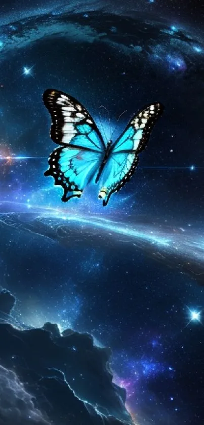 Blue butterfly in a galactic, starry space scene.