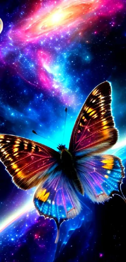 Vibrant butterfly with galaxy background