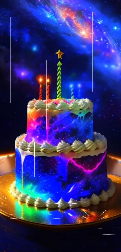 Galaxy-themed cake with candles against a cosmic backdrop.