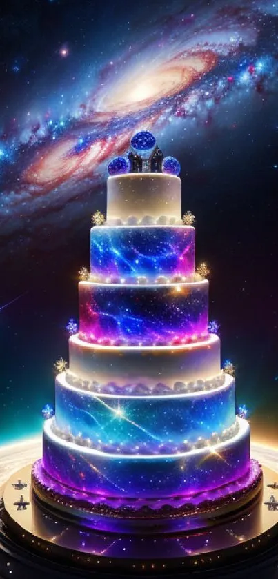 A cosmic-themed cake set against a starry galaxy background.
