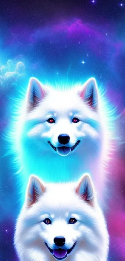 Vibrant galaxy wallpaper featuring two ethereal white dogs against a cosmic backdrop.