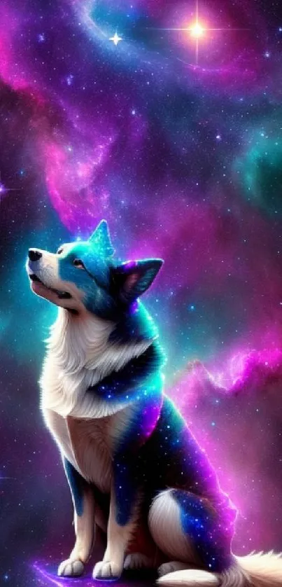 Celestial dog gazing at a starry galaxy in purple hues.