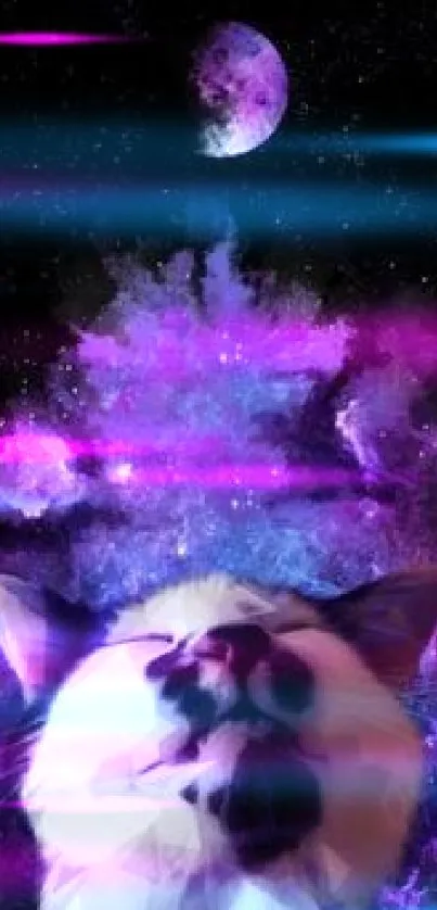 Cat in a purple galaxy with a moon backdrop, perfect for mobile wallpaper.