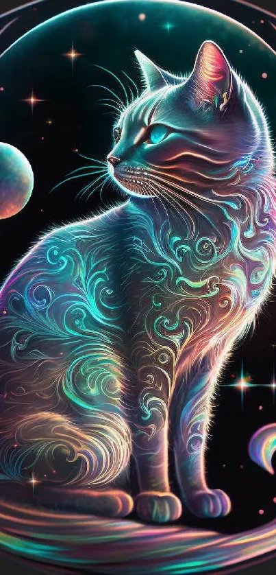 Mystical cat in cosmic swirls with celestial background.