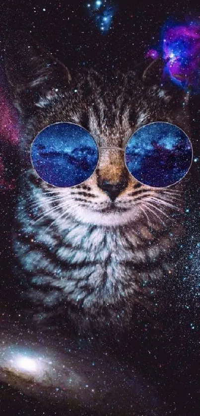 A cool cat wearing sunglasses surrounded by a vibrant galaxy.