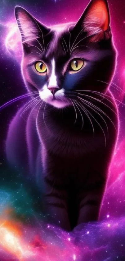 A cosmic cat surrounded by colorful nebulae in space.