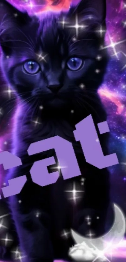 Black cat with cosmic purple background and stars.