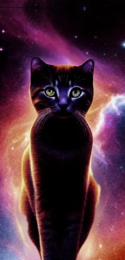 Silhouette of a cat in a colorful galaxy, creating a surreal cosmic scene.