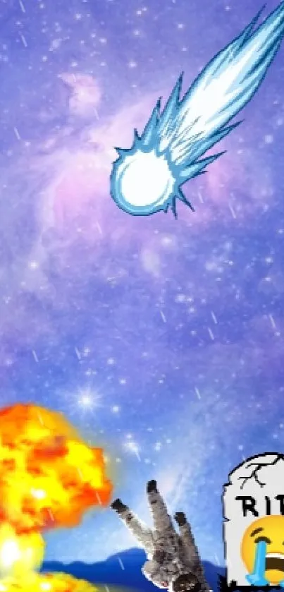 Purple galaxy wallpaper with meteor, explosion, and astronaut.