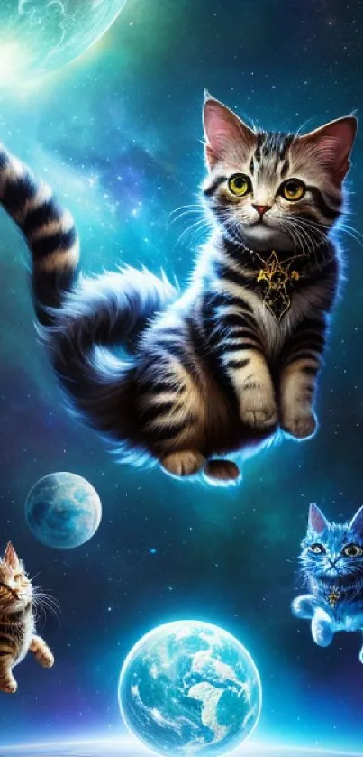 Cute kittens floating through a cosmic galaxy with planets.