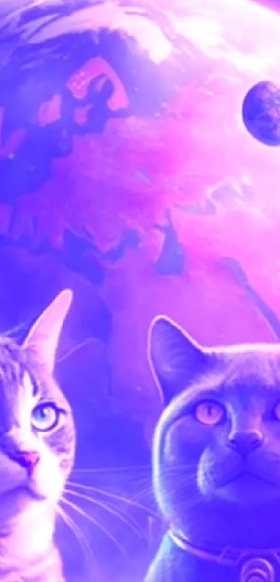 Cats gaze at Earth with cosmic background in this vivid mobile wallpaper.