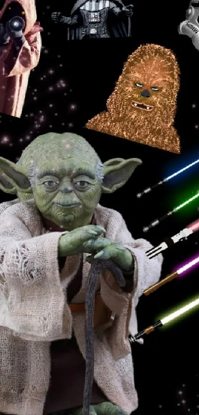 Galactic characters and lightsabers on dark wallpaper