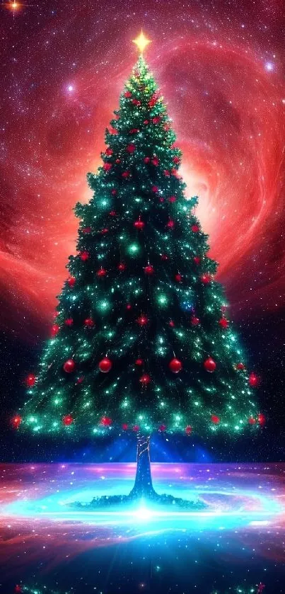 Cosmic Christmas tree with vibrant lights against a galactic backdrop.