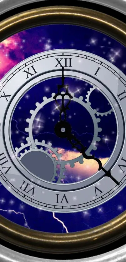 A cosmic clockwork wallpaper with celestial gears and a purple nebula backdrop.