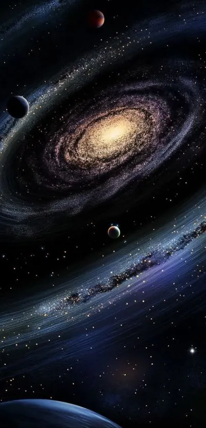 Vibrant cosmic-themed mobile wallpaper with a galaxy and planets.