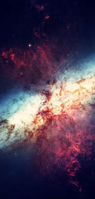 Vibrant cosmic explosion in a galaxy theme wallpaper with blues and reds.