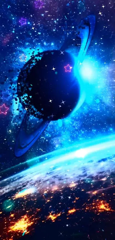 Vibrant cosmic explosion with blue hues and planet, perfect for space-themed mobile wallpaper.