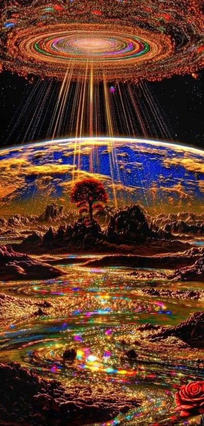 Vibrant cosmic landscape with galaxies and rivers.