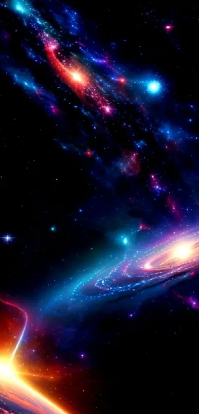 Vibrant galactic cosmic wallpaper with colorful stars and galaxies.