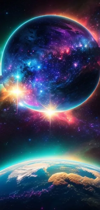 Vibrant cosmic wallpaper with colorful nebulae and planets in space.