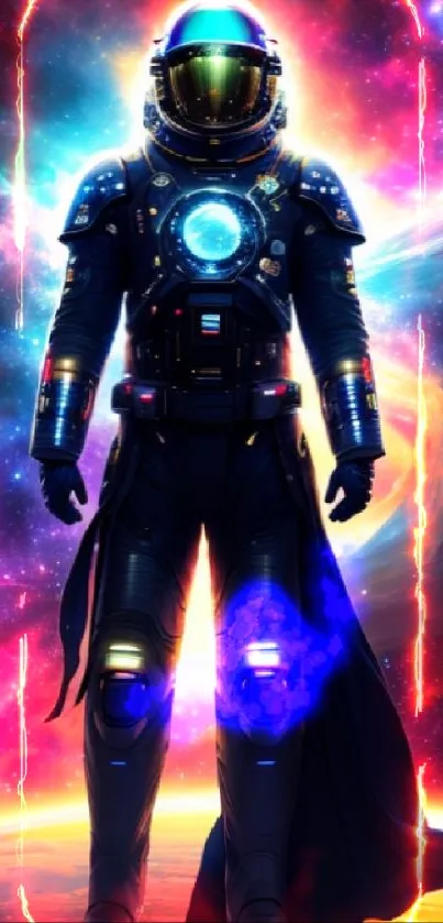 Futuristic astronaut stands in colorful cosmic universe.