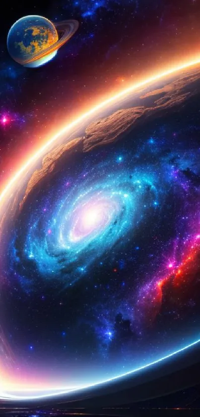 Galactic cosmic vortex with colorful nebula and planet ring.