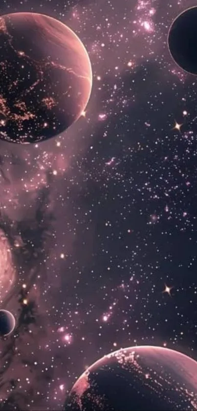 A stunning cosmic wallpaper with planets, stars, and galaxies in a purple hue.