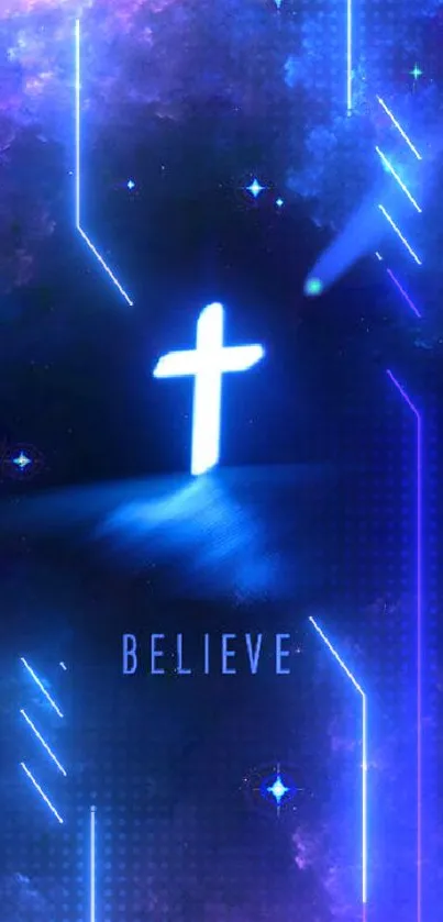 Luminous cross in a vibrant galaxy background, with dark blue and purple hues.