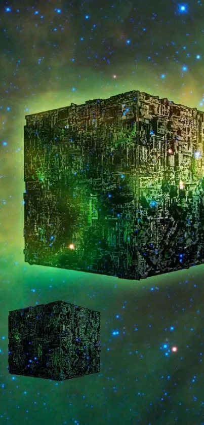 Futuristic green cube in a starry galaxy theme wallpaper.