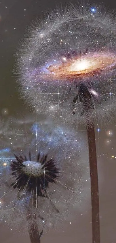 Ethereal dandelions with a cosmic galaxy effect for mobile wallpaper.