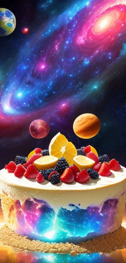 Galaxy-themed cake set against a cosmic space background with planets.