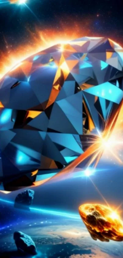 Radiant gemstone amidst asteroids in space.