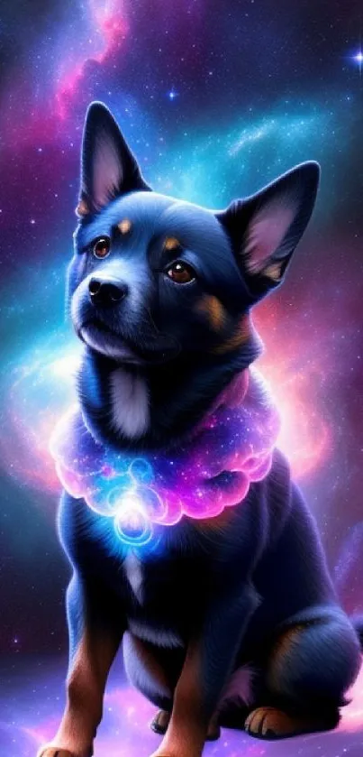 Galaxy-themed dog with neon collar on cosmic background.