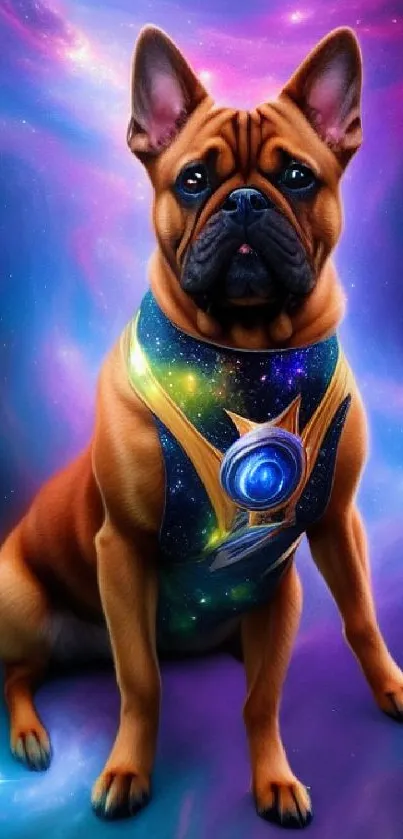 Galactic French Bulldog in a cosmic space-themed mobile wallpaper.