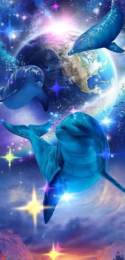 Three dolphins swim around Earth in a cosmic setting with vibrant colors.