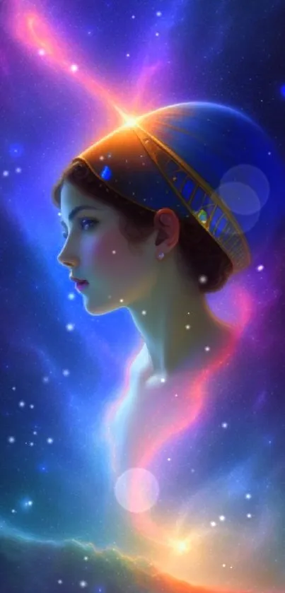 Futuristic portrait in vibrant galaxy-themed digital artwork.