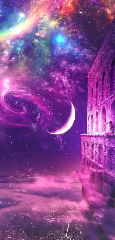 Fantasy wallpaper with galaxy, crescent moon, and cosmic swirls in vibrant colors.