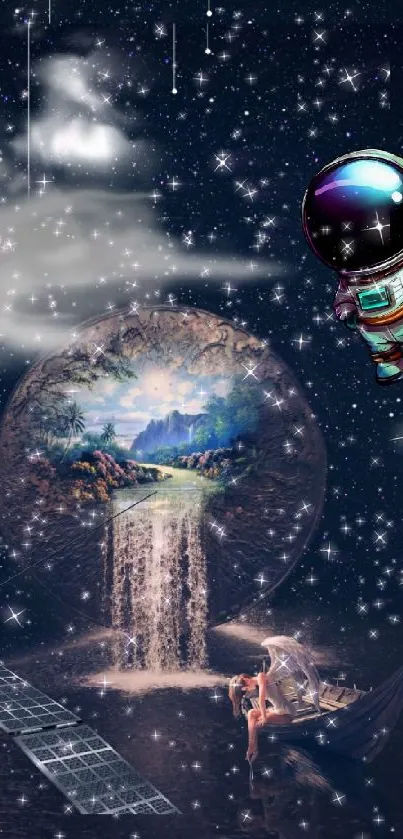 Cosmic wallpaper with an astronaut, orb, and celestial waterfall.