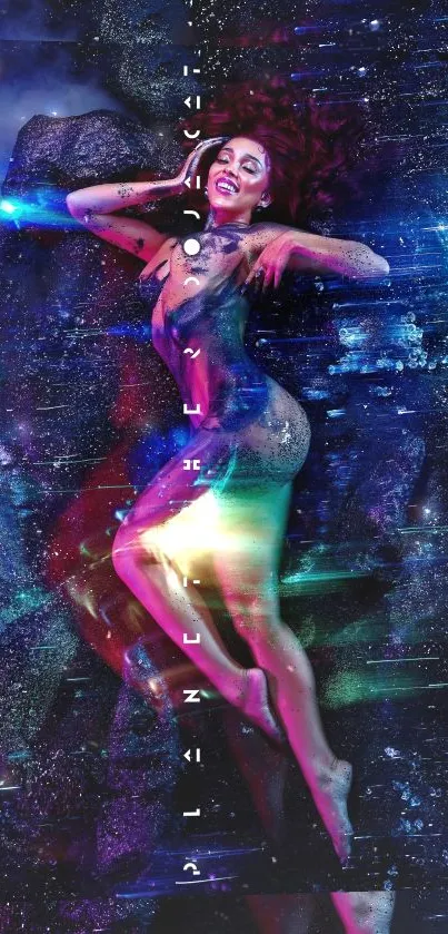 Cosmic woman in ethereal galaxy-inspired mobile wallpaper.