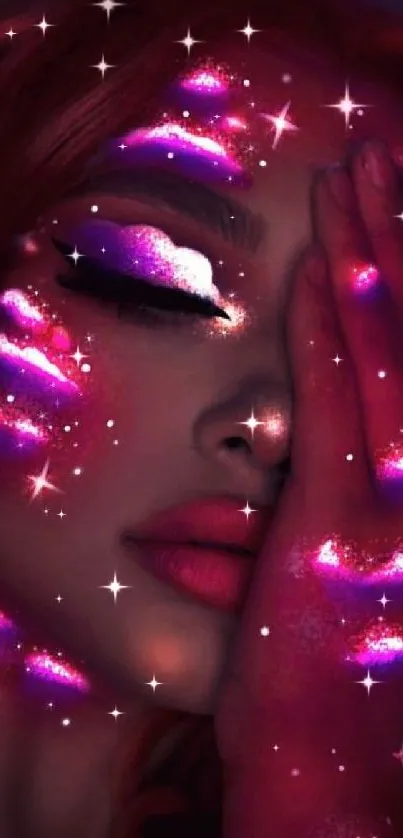 Surreal wallpaper with neon pink and celestial makeup glow.