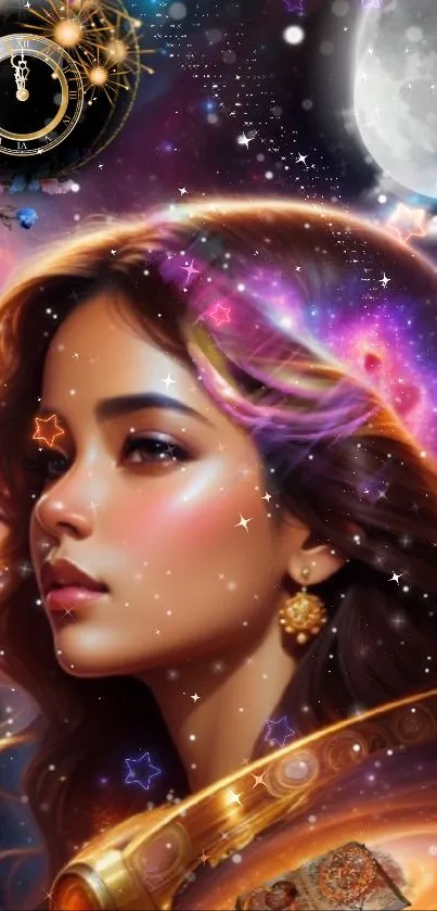 Mystical woman with cosmic background and vibrant galaxy colors.