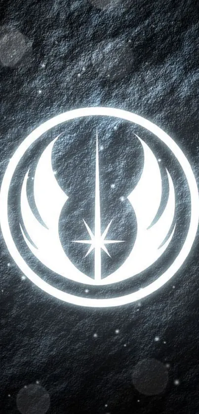 Galactic emblem glowing against dark textured background.