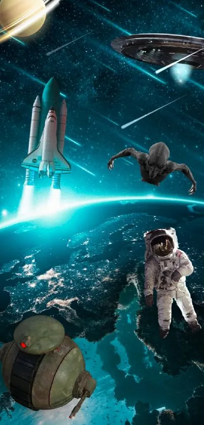 Space-themed wallpaper with astronaut, UFO, and galaxy.