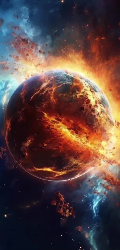Explosive cosmic scene mobile wallpaper featuring a fiery planet in space.