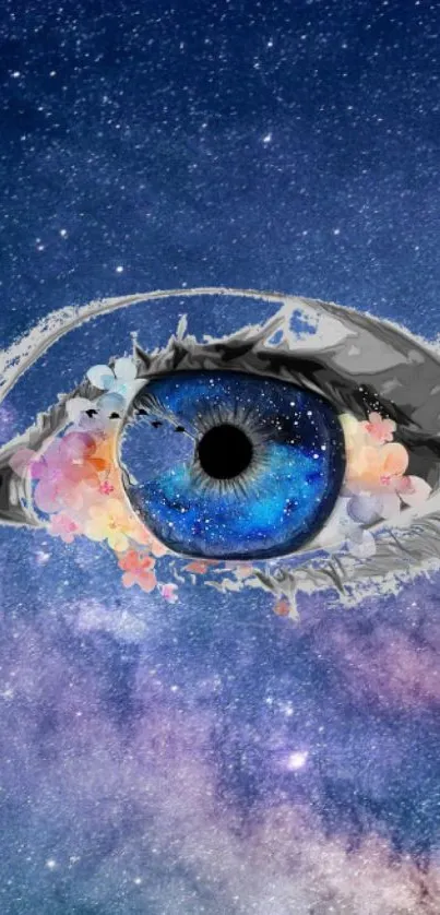 Surreal eye art on cosmic galaxy background.